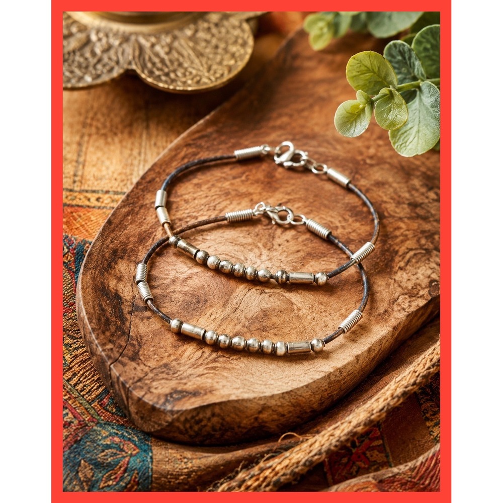 Vintage Handmade Leather Metal Bead Bracelet‎ Set 2pc Boho Ethnic Greece